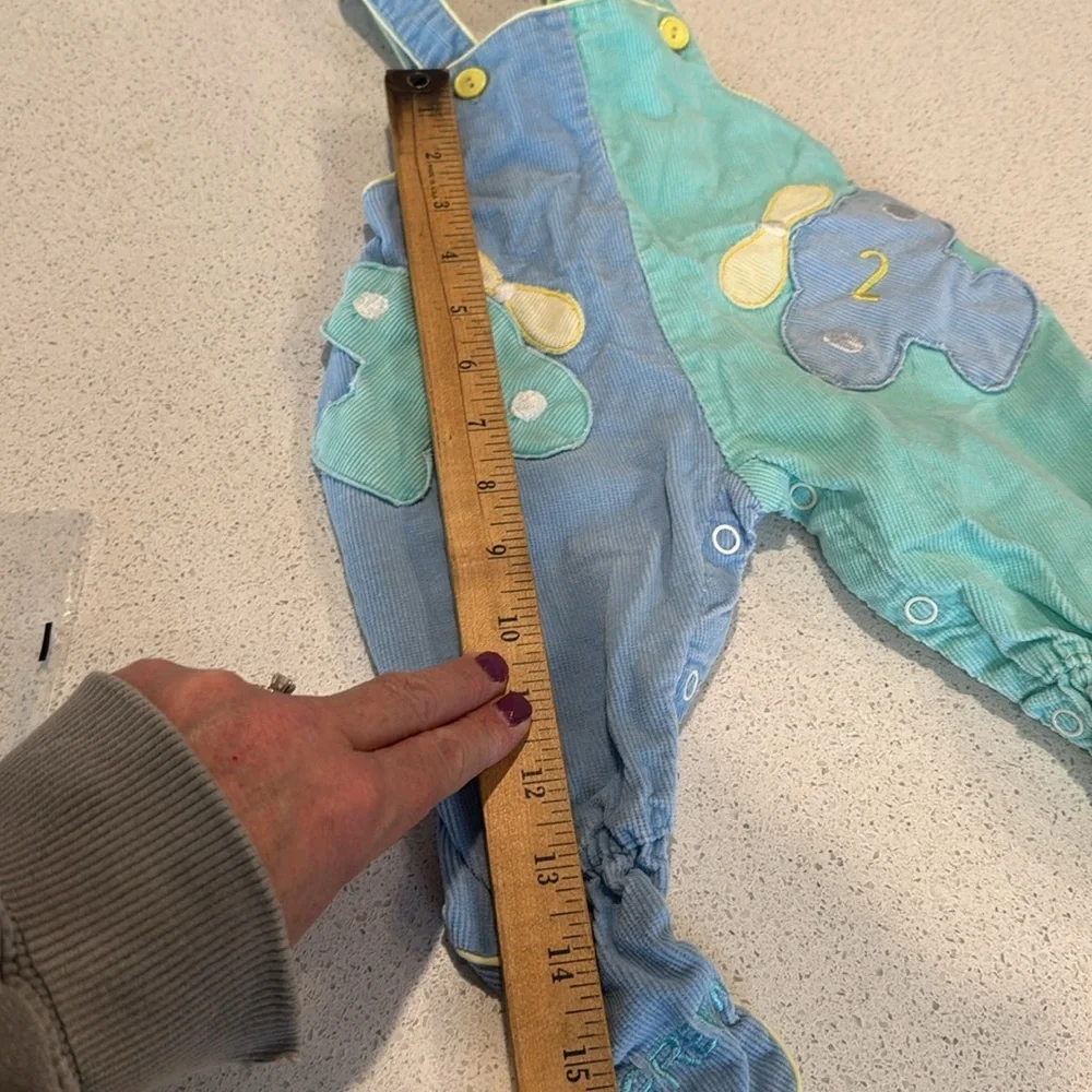 Vintage baby boys overalls plane green and blue embroidered on foot 0-6 months